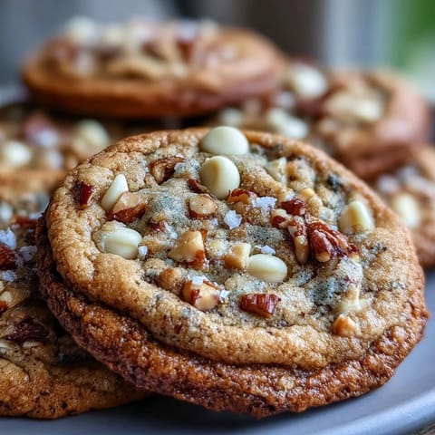 Freshly baked Brown Butter Hojicha & Earl Grey cookies served with steaming tea on a rustic table.