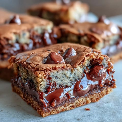 Fumée Hojicha Brookies sur une planche en bois, lés de brownie et cookie tranchés, décorés de chips de chocolat fondu.