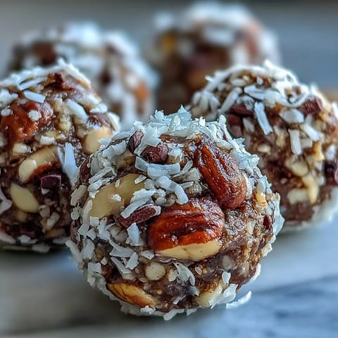 Boules énergétiques Hojicha roulées dans de la noix de coco râpée, offrant une texture croquante et sucrée.