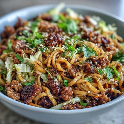 Assiette généreuse de Potsticker Noodle Bowls, sauce soya savoureuse, herbes fraîches et graines de sésame toastées.