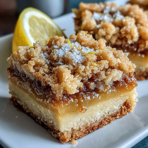 Three golden Homemade Lemon Crumb Bars sit on a white plate, their buttery crumb topping toasted and the bright yellow lemon filling visible in a cross-section.