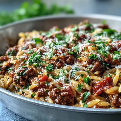 Généreuse portion de Comforting Ground Beef Orzo Dinner servie avec du persil frais et du parmesan fondant.