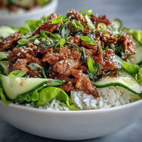 Un bol de sesame turkey lettuce wrap bowls avec du riz et des concombres en rubans.
