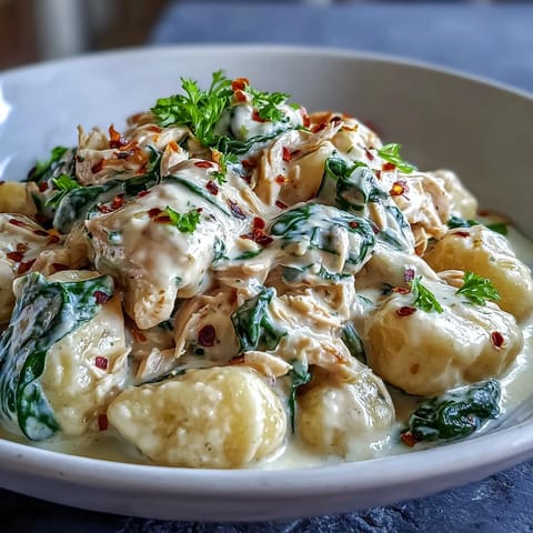 Poulet tendre et gnocchi fondants dans une sauce Parmesan riche, avec de la volaille et des épinards frais pour un plat réconfortant.