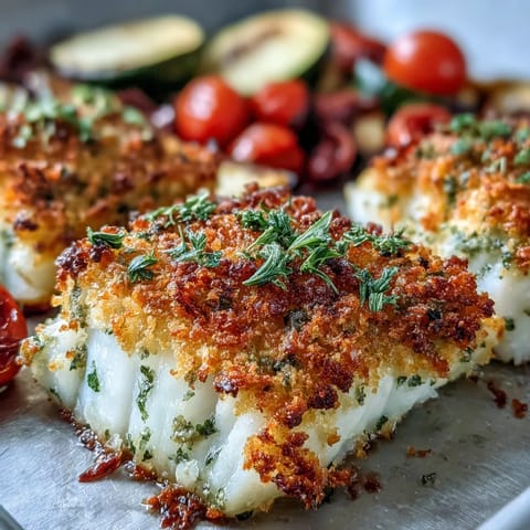 Poisson pané au parmesan et légumes rôtis sur une plaque, croustillant et doré, servi avec une sauce citronnée pour un dîner savoureux et sain