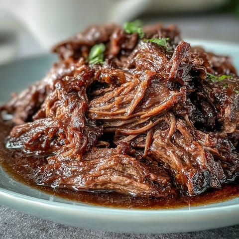 Juicy Slow Cooker Mississippi-Style Ranch Beef plated over creamy mashed potatoes, garnished with buttery pepperoncini and fresh parsley.