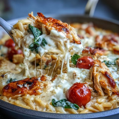 Savory One-Pan Creamy Chicken Lasagna Orzo served with spinach and melted mozzarella