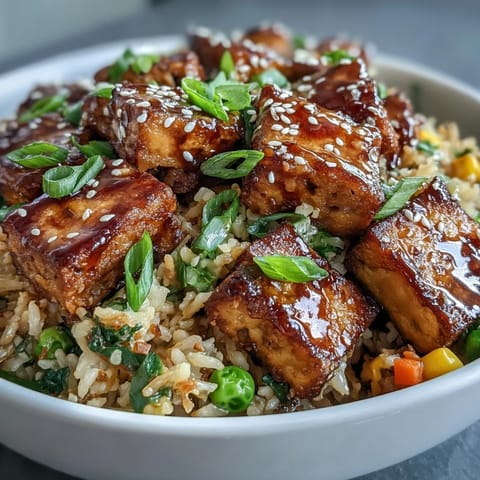 A close-up of Crispy Sesame Tofu Fried Rice featuring golden tofu cubes and savory sauce drizzle.