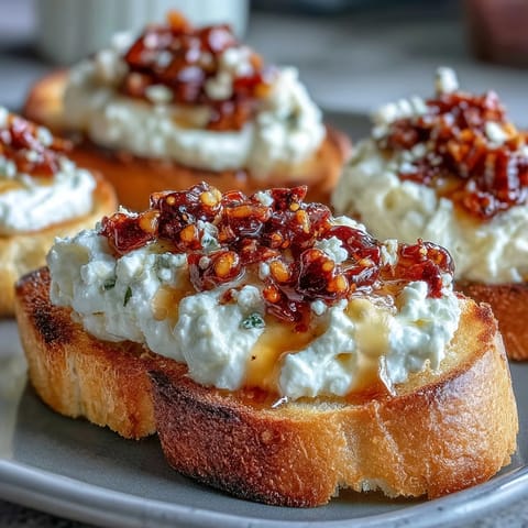 Hot Honey Ricotta Bruschetta garnie de ricotta crémeuse, de miel épicé et de croquant au piment sur tranche de baguette grillée