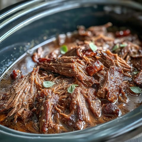 Slow cooker Mississippi-Style Ranch Beef roast bubbling with tangy pepperoncini, butter, and herbs, ready to serve over creamy mashed potatoes.