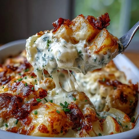 Casserole de Creamy Ranch Chicken Potato Bake dorée, servie avec des fines herbes fraîches et une texture crémeuse