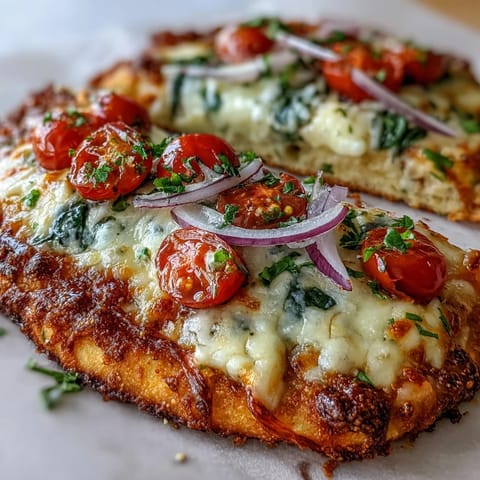Crispy Garlic Parmesan naan pizza croquante et dorée, garnie de fromage fondu, tomates cerises et épinards, parfaite pour un repas en semaine.