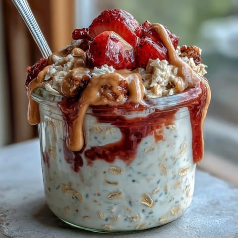 Une portion généreuse de Overnight Oats Protéinés au Beurre de Cacahuète et Confiture de Fraise, parfaite pour un petit-déjeuner riche en protéines.