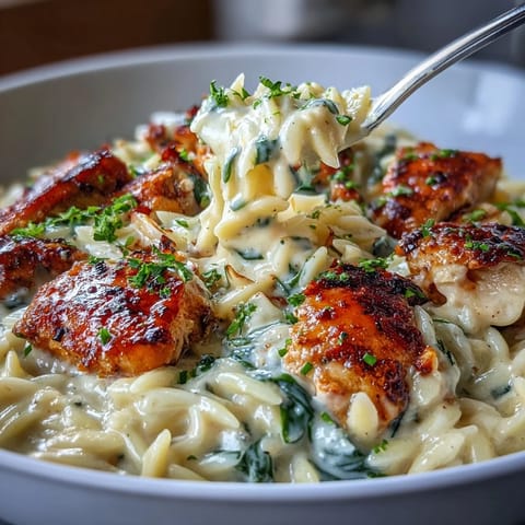 A warm serving of One-Pot Creamy Garlic Parmesan Chicken Orzo topped with extra grated Parmesan.