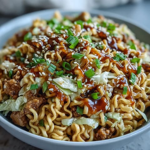 Savoureux Creamy Potsticker Noodle Stir-Fry avec nouilles ramen, chou râpé et morceaux de dinde, saupoudré de graines de sésame et d'oignons verts