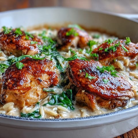 Assiette réconfortante de One-Pot Creamy Garlic Parmesan Chicken Orzo, présentant des morceaux de poulet juteux nappés d'une sauce veloutée au fromage.