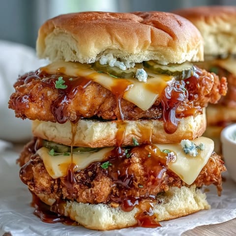 Spicy Honey Butter Chicken Sandwich Bake en version casserole, croquants tenders au miel piquant, cornichons et cheddar, servis tièdes pour le game day.