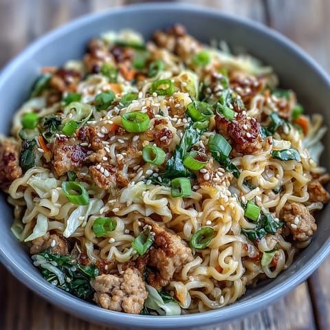 A serving of Creamy Potsticker Noodle Stir-Fry topped with green onions and sesame seeds on a plate