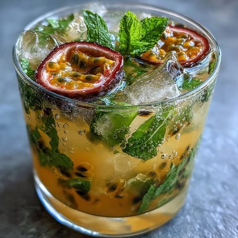 Un cocktail Passionfruit Mojito frais avec menthe et citron vert sur un fond tropical.