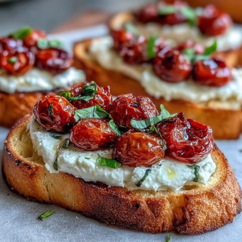 Crostini with Burrata & Cherry Tomato topped with roasted tomatoes and torn basil on crispy bread.