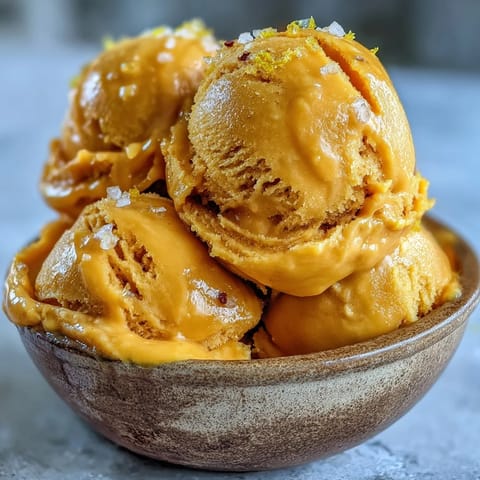 Homemade mango sorbet in a waffle cone on a rustic table