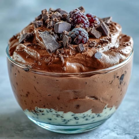 Une délicate mousse au chocolat Cottage Cheese Chocolate Mousse aux éclats de cacao et myrtilles.