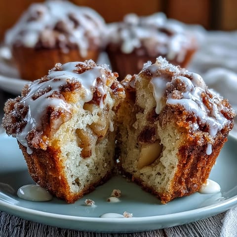 Délicieux Apple Fritter Muffins remplis de gros morceaux de pomme, parfumés à la cannelle et nappés de glace.