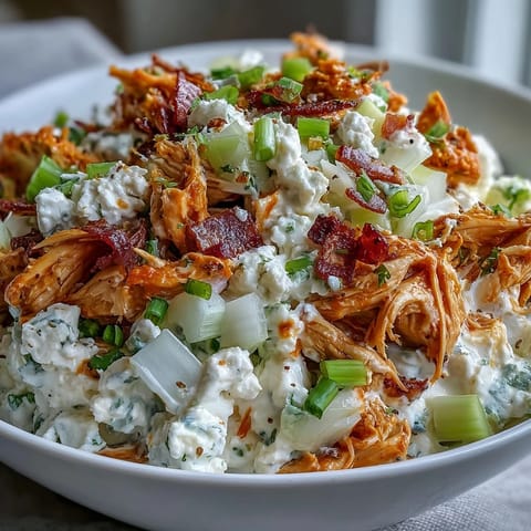 Fines tranches de céleri et d'oignon doux nappées d'une sauce au cottage cheese et yaourt grec, saupoudrées de cheddar fondant. 