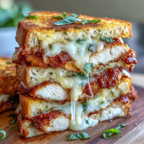 Sandwich Vodka Sauce Chicken Parmesan croustillant avec poulet pané, sauce crémeuse et mozzarella fondue sur pain italien toasté.