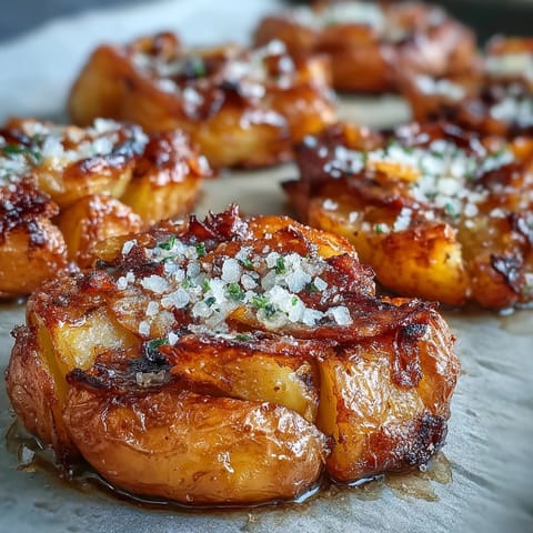 Tender baby potatoes smashed and roasted until golden, finished with garlic-infused oil and flaky sea salt.