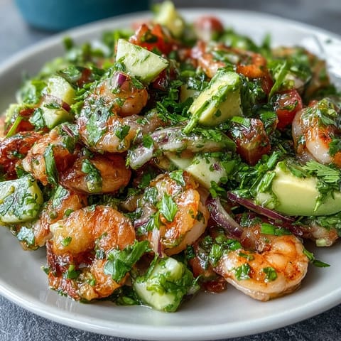 Céviche de crevettes au chili et citron vert frais et épicé avec avocat, tomate et coriandre