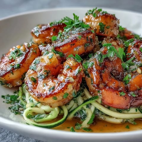 Plat principal keto aux crevettes à l'ail et au beurre, garni de zoodles et d'un filet de jus de citron.
