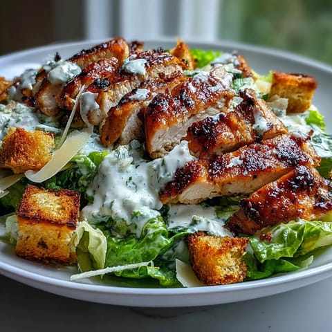 Poulet grillé juteux, croûtons croustillants et laitue romaine croquante sur une salade César au yaourt grec.