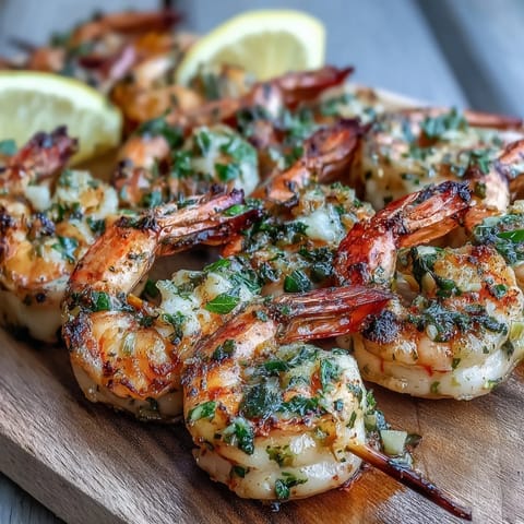 Les brochettes de crevettes Light Lemon Herb Grilled Shrimp Skewers cuites au gril, légèrement charnées et servies avec des quartiers de citron sur une planche en bois.