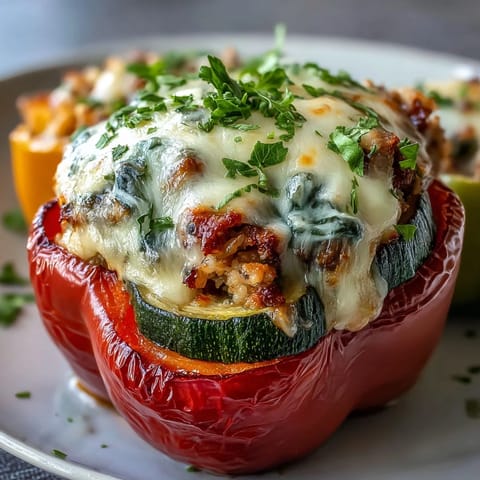 Four bell peppers topped with melted mozzarella, filled with savory ground turkey, brown rice, zucchini, and carrots, baked until tender.