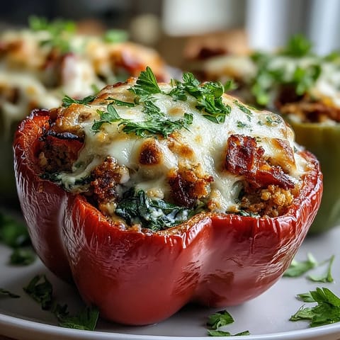 A close-up of a Turkey and Veggie Stuffed Bell Pepper on a plate, garnished with fresh parsley, ready to enjoy.