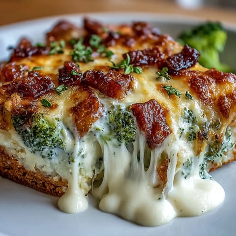 Un gratin crémeux au poulet et brocoli, cuit au four avec du cheddar et de la mozzarella, parfait pour un repas keto savoureux.