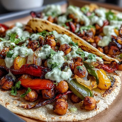 Des légumes rôtis et des pois chiches épicés servis dans des tortillas chaudes avec une sauce guacamole-yogurt rafraîchissante.