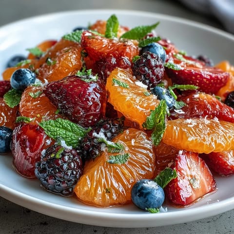Salade de fruits printanière vibrante aux agrumes et aux baies, légèrement sucrée et parfumée à la menthe.  