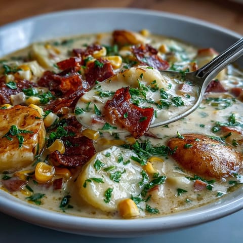 Bol fumant de potage léger au jambon, pommes de terre tendres, maïs sucré et céleri croquant.  