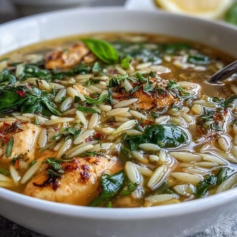 Un bol réconfortant de soupe au poulet et orzo avec épinards, agrémenté de zeste de citron et de fines herbes fraîches.