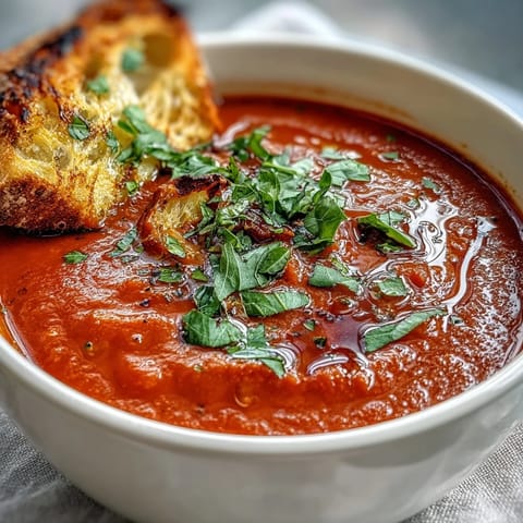 Bol fumant de soupe de poivrons rouges rôtis et de haricots blancs, accompagné de pain croustillant et de feuilles de persil hachées.