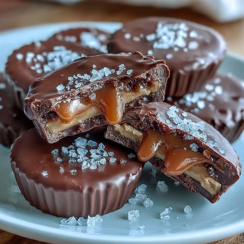 2. Rich chocolate peanut butter cups filled with gooey salted caramel and topped with crunchy sea salt.