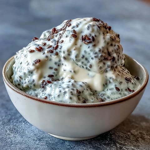 Petit-déjeuner ou dessert léger et sain : pudding moelleux au yaourt, chia et vanille, servi dans des verrines colorées.  
