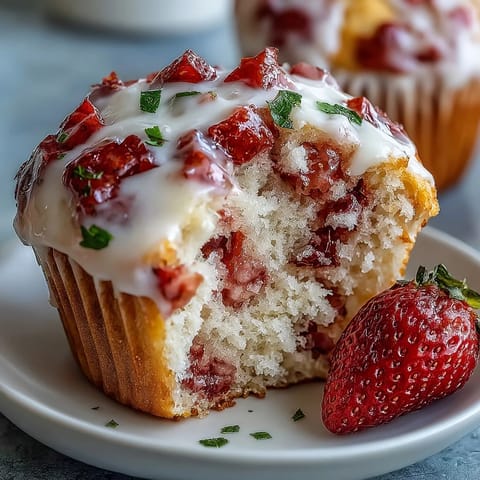 Muffins dorés garnis de fraises fraîches et de yaourt grec crémeux, idéaux pour le petit-déjeuner.  