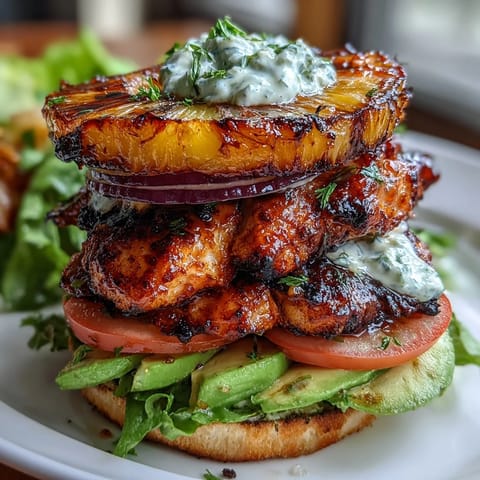 Des piles de burger au poulet grillé avec ananas caramélisé, laitue croquante et légumes frais, servies sans pain pour une option légère et savoureuse.