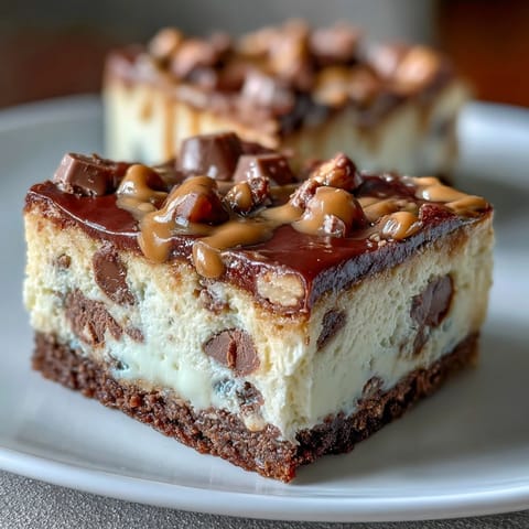 Des barres de cheesecake au beurre de cacahuète crémeux et aux mini-cups de chocolat, parfaites pour les fêtes et célébrations.