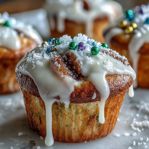 Cupcakes miniatures inspirés du King Cake de la Nouvelle-Orléans, avec un glaçage vanillé et du sucre coloré vert, violet et or.  