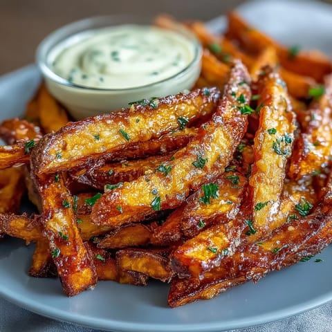 Frites de patate douce croustillantes dorées dans une friteuse à air, servies avec une sauce aïoli à l'ail crémeuse et zestée pour tremper.
