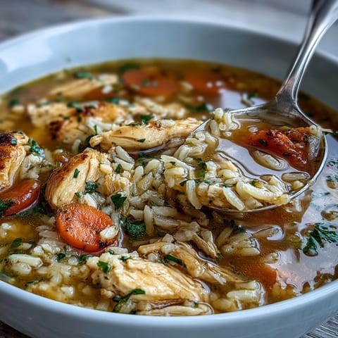 Un bol de soupe réconfortante au poulet et riz, avec des morceaux tendres de poulet, des légumes colorés et du riz moelleux dans un bouillon doré.